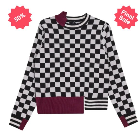 Spades Sweaters - Checkerboard Cowl Sweater with Burgundy Accents